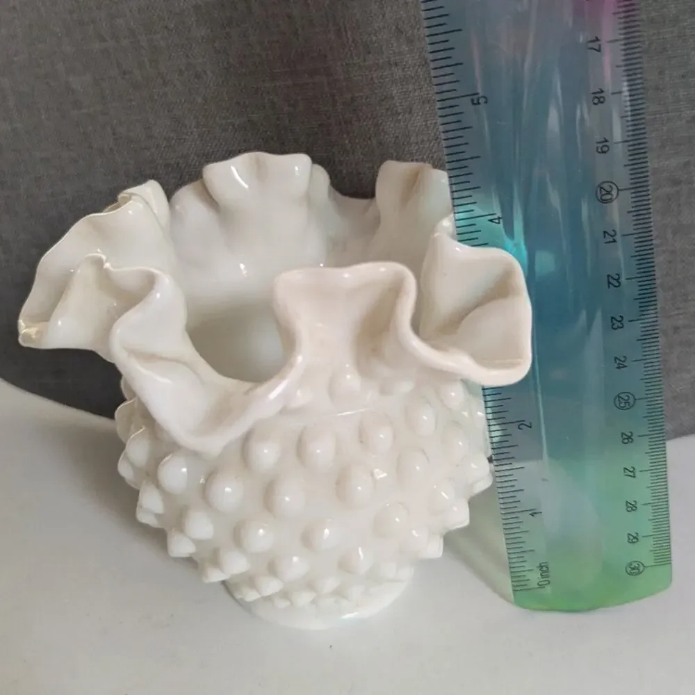 Vintage Fenton Art Milk Glass Cupped  Double Crimped Hobnail Planter Vase